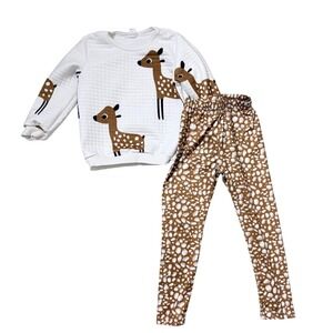 SHEIN Girls White Quilted Deer Print Sweatshirt Brown Spotted Leggings Set 5Y